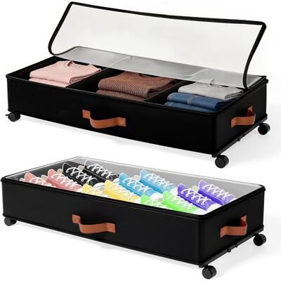 Javlergo Set of 2 Under Bed Storage with Wheels Rolling Storage Container with Clear PVC Lid Zipper Organizer for Clothes Shoes