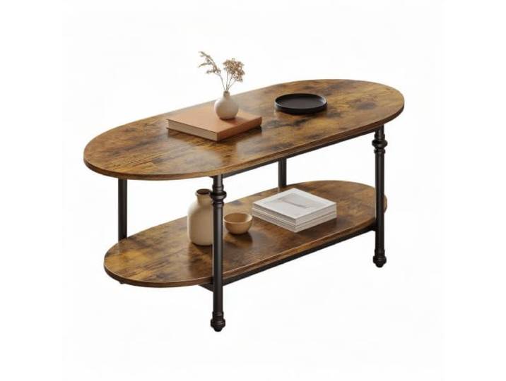 Hapterouse Couchtisch Oval, Vintage, 2 Ebenen Mit Ablage, 120x54x44 cm Metallrahmen mit Säulenbeinen, Holzoptik, Ablagefläche unten, runde Kanten kindersicher, passt zu Sofa, Sessel, Wohnzimmer