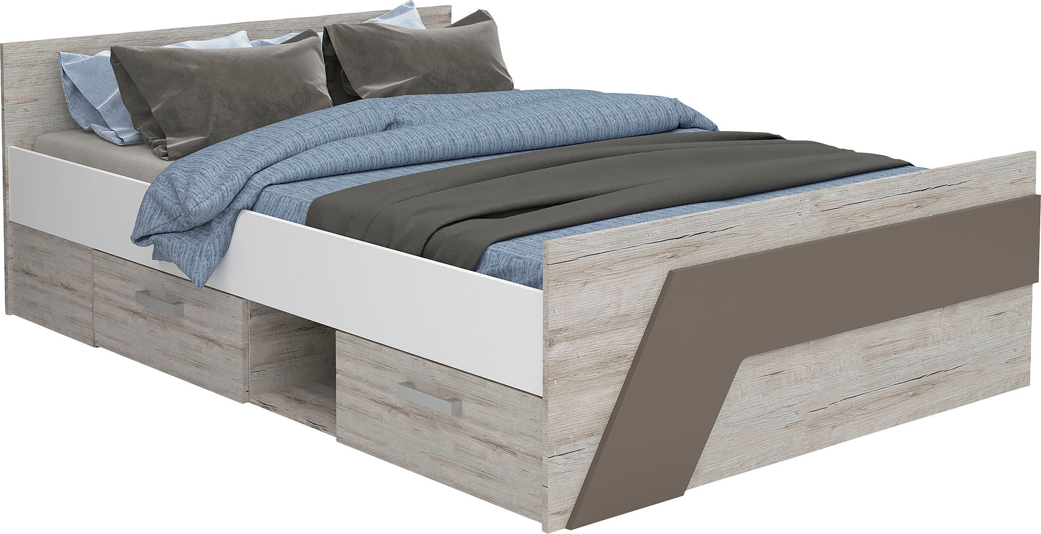 Stauraumbett FMD "Nona", beige (sandeiche nb, weiß, lava, sandeiche nb, sandeiche nb, lava), B:144,6cm, Betten, Stauraumbett, Stauraumbett mit zwei Schubkästen, Liegefläche 140 x 200 cm sandeiche nb, weiß, lava, sandeiche nb, sandeiche nb, lava Liegefläch