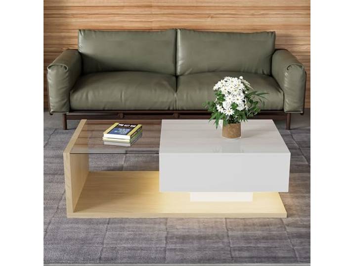 BTM Couchtisch in Hochglanzweiß und Holzfarbkombination. Beistelltische, Couchtische mit Glas und LED-Effekt