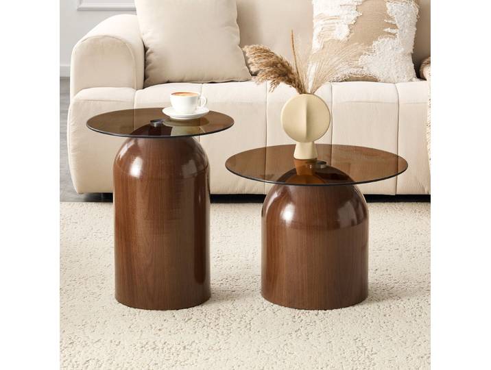 REDOM Couchtisch Beistelltisch Set 2-teilig mit runder Glasplatte, stapelbare Sofatisch (2-St), mit Hochglanz Metallbasis für Wohnungen und Arbeitsbereiche