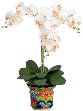 Nearly Natural "27"" Artificial Triple Orchid Arrangement in Handmade Talavera Planter - White"