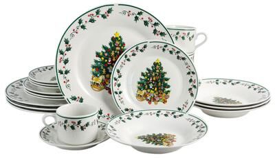 Gibson Cozy Christmas Tree Fine Ceramic 20 Piece Decorated Dinnerware Set