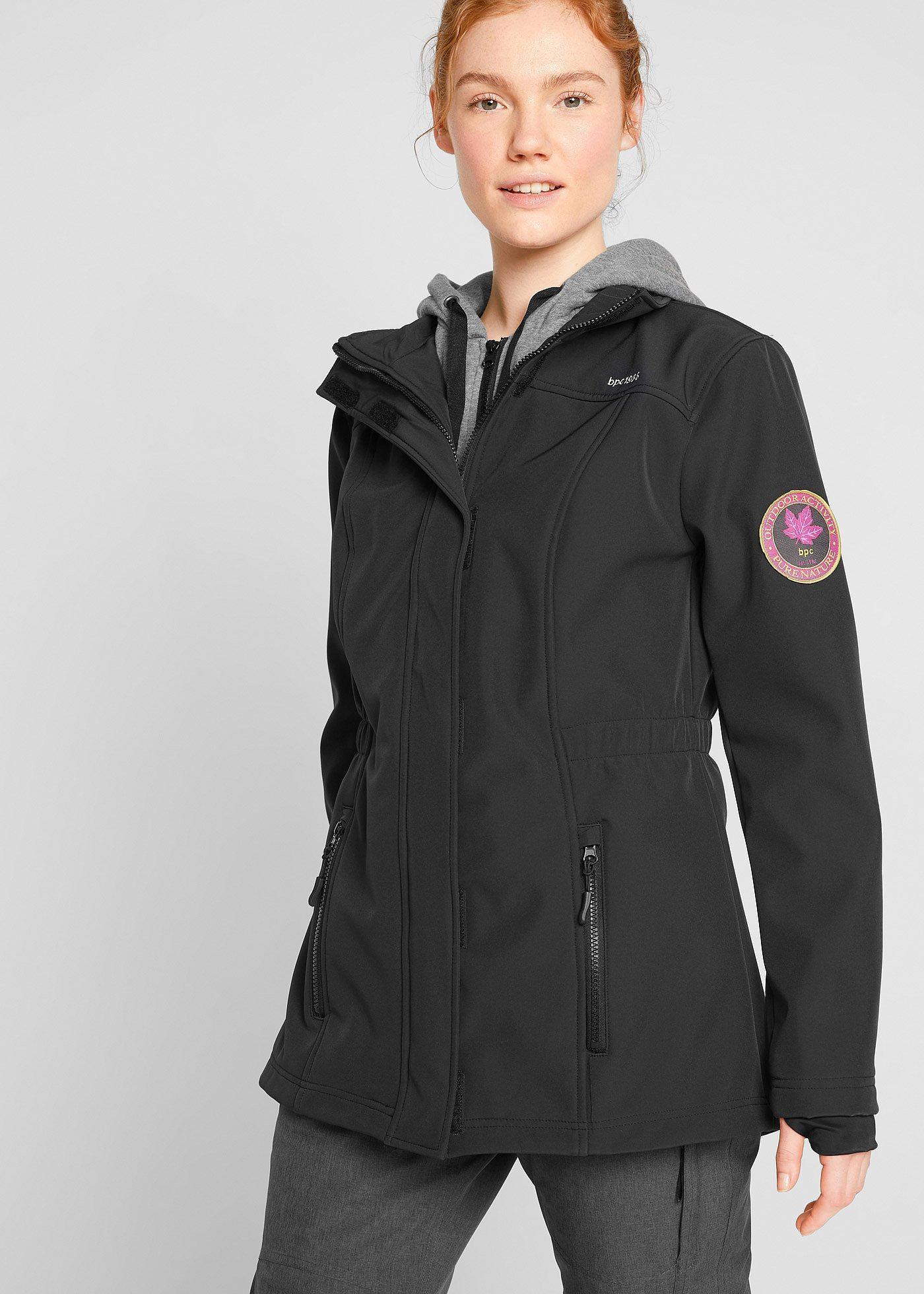 bonprix wasserabweisende Softshell-Longjacke 2 in 1-Optik, schwarz, Gr.50, Sportliche Softshell-Übergangsjacke mit Sweatkapuze, aus Softshell
