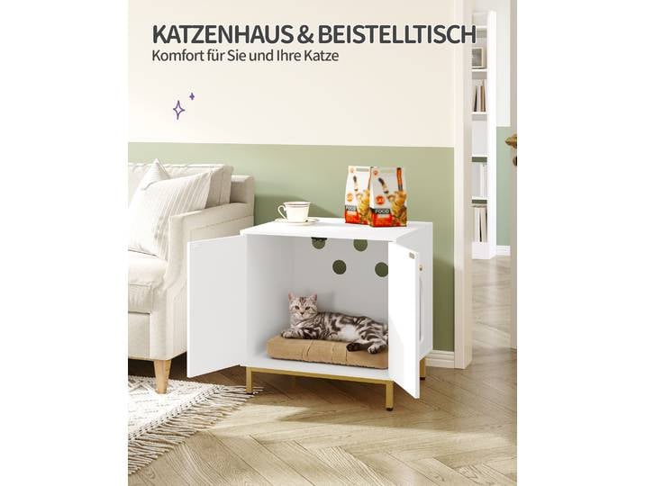 Armoire pour chat, armoire pour bac à litière, maison pour chat avec porte, table d'appoint en bois pour maison d'animaux, armoire robuste pour chat, blanc et or