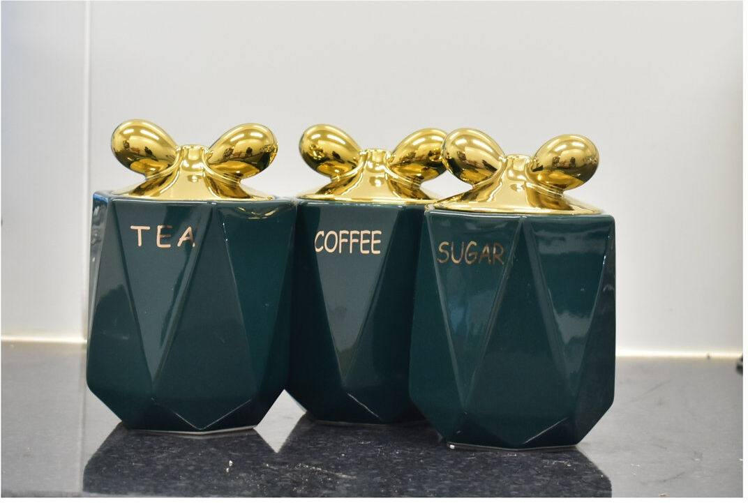 Latitude Run Ceramic / Porcelain Jar - Set of 3 Green/Gold
