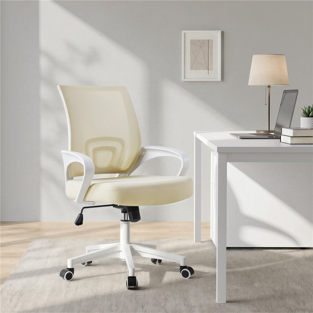 Yaheetech color Mid-Back Mesh Swivel Office Chair Beige/White 97cm H X 60.5cm W X 60cm D