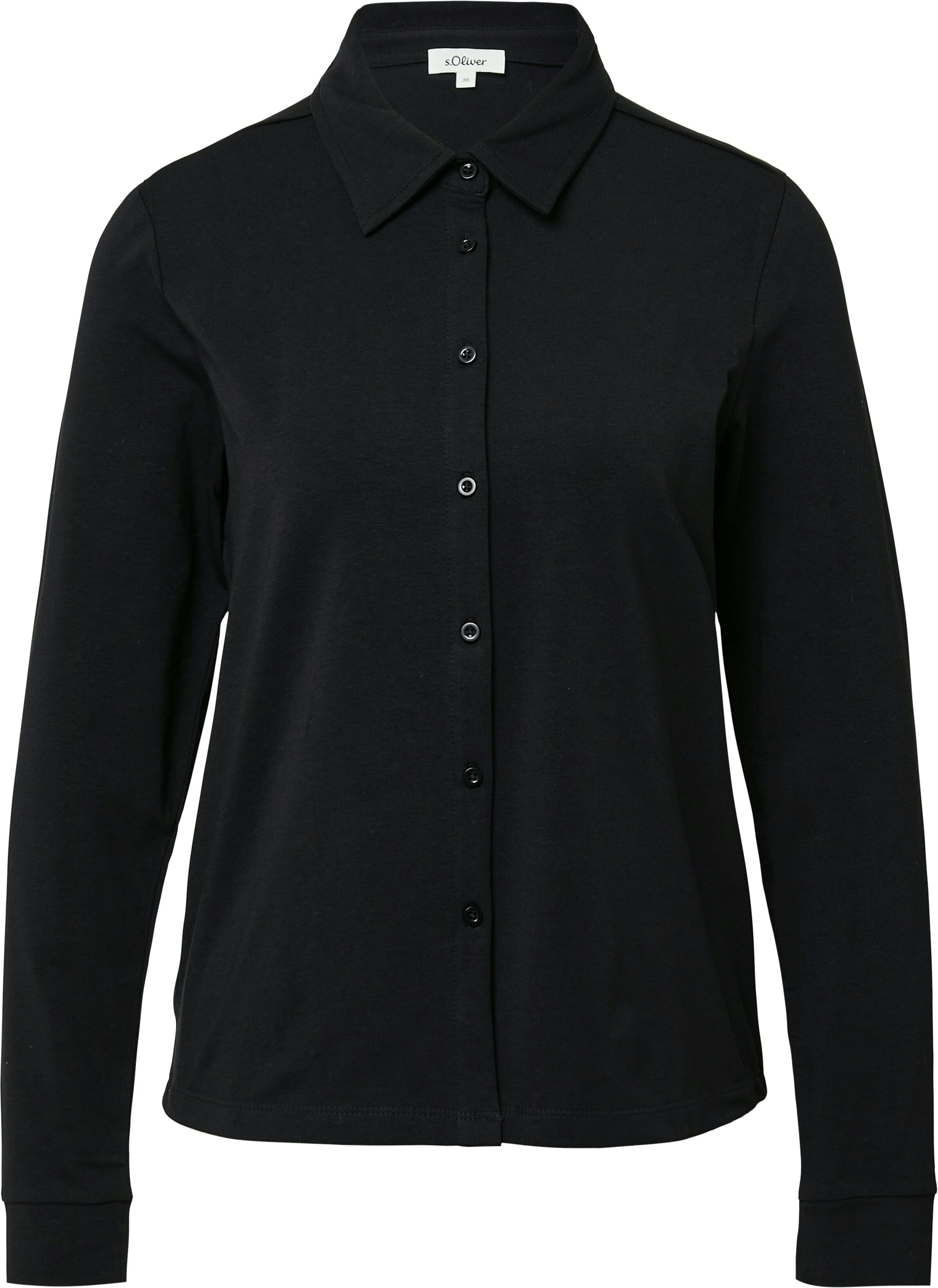 Hemdbluse S.OLIVER, Damen, Gr. 44, schwarz, Jersey, Obermaterial: 95% Baumwolle, 5% Elasthan, unifarben, regular fit taillenbedeckt, ohne Ausschnitt, Manschette, Blusen Hemdbluse, mit Manschetten schwarz 44