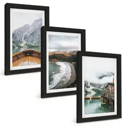 BILDER SET 3er Set - 20x30 cm Schwarzer Rahmen - Berge, See, Boot, Strand, Landschaft