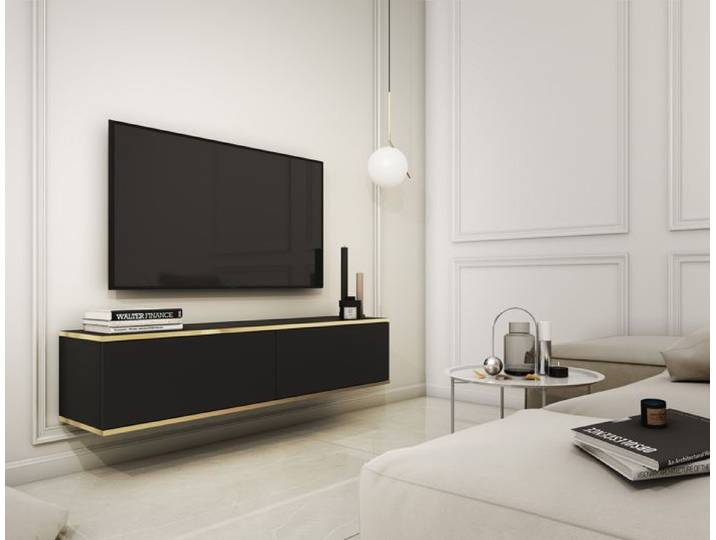 Meuble TV - MUCALMA - 135 cm - noir avec inserts dorés
