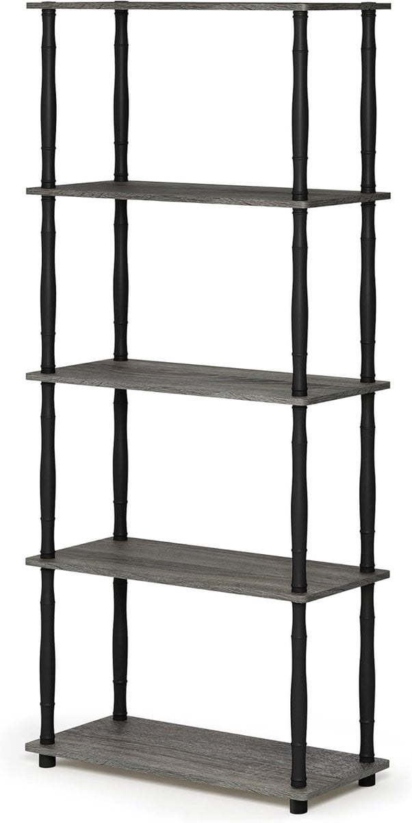 Modern multifunctioneel houten rek met 5 lagen in grijs en zwart met eikenlook