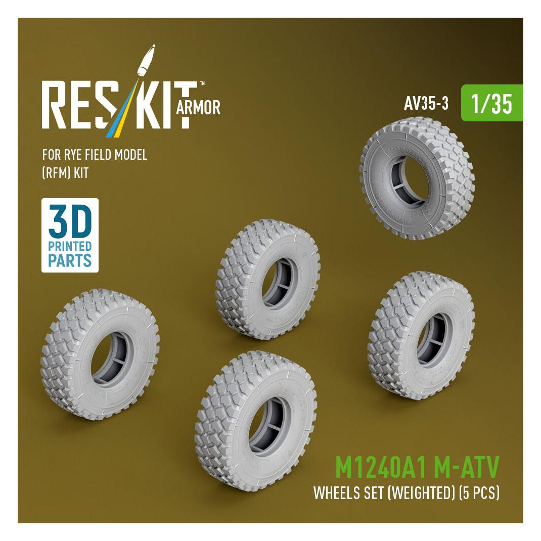 ResKit M1240A1 M-ATV wheels set (weighted) (5 pcs) for Rye Field Model (RFM) kit (3D Printed) (AV35-0003)