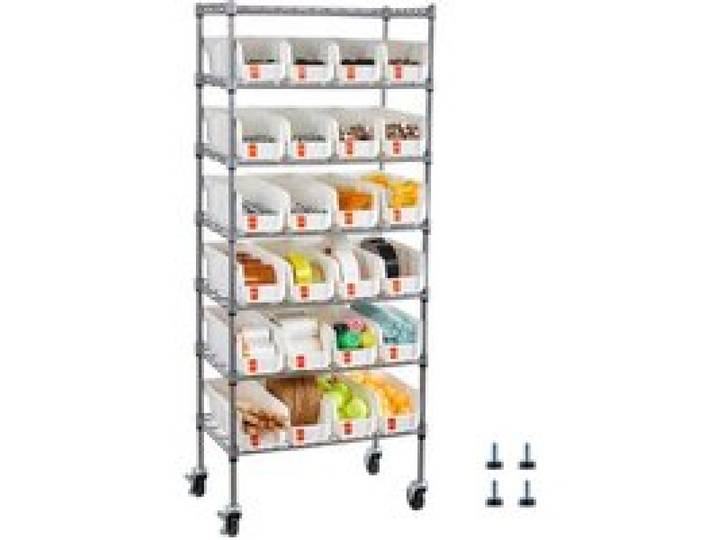 VEVOR Standregal, Lagerregal mit 7 Ebenen & 24 kleinen Stapelboxen, Bücherregal, Küchenregal mit Rollen, Werkzeugorganizer für Garage, Büro, Restaurant, Klassenzimmer, Küche, 600x350x1480mm