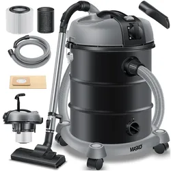 MASKO® Industriestaubsauger, Nass Trockensauger HEPA, 3 in 1 Filtersystem, 58 l/s Werkstattsauger mit Steckdose, 2300W, 30L, Industriesauger mit & ohne Beutel, Filter + Aufsätze, Push&Clean
