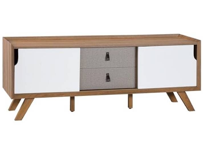 Beliani TV-Möbel Weiss/Heller Holzfarbton 2 Schubladen Acton