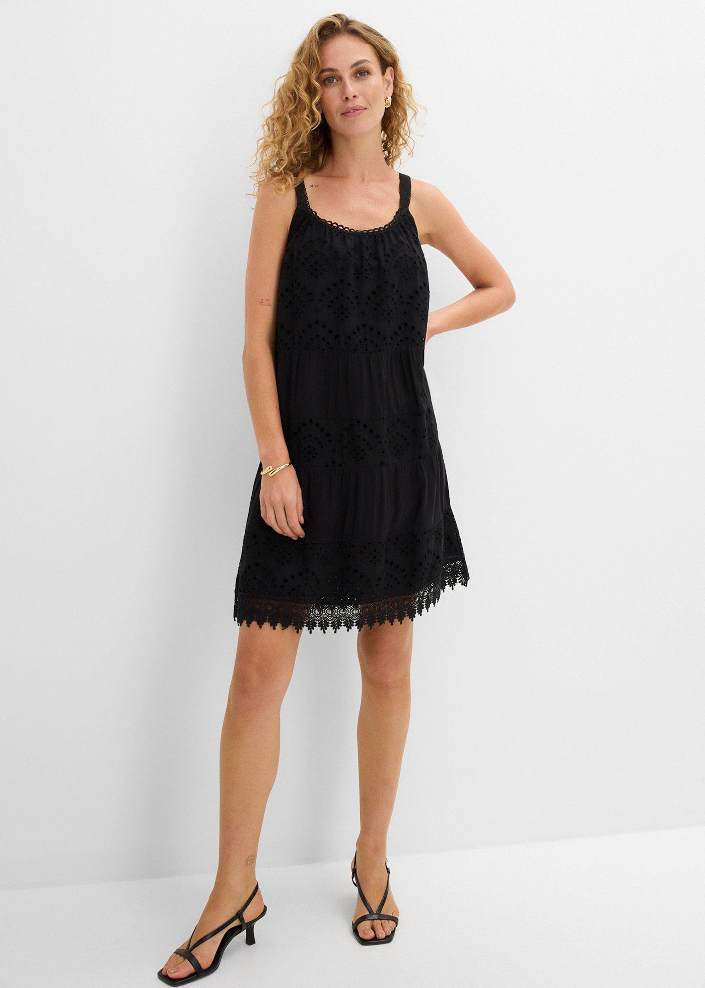 bonprix Trägerkleid aus Viskose mit Spitze, schwarz, Gr.50, Kurzes Sommerkleid mit Spitze und dünnen Trägern, aus Viskose