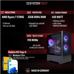 Systemtreff Multimedia PC G255525 (1000 GB, 32 GB, Radeon RX Vega 8), PC, Schwarz