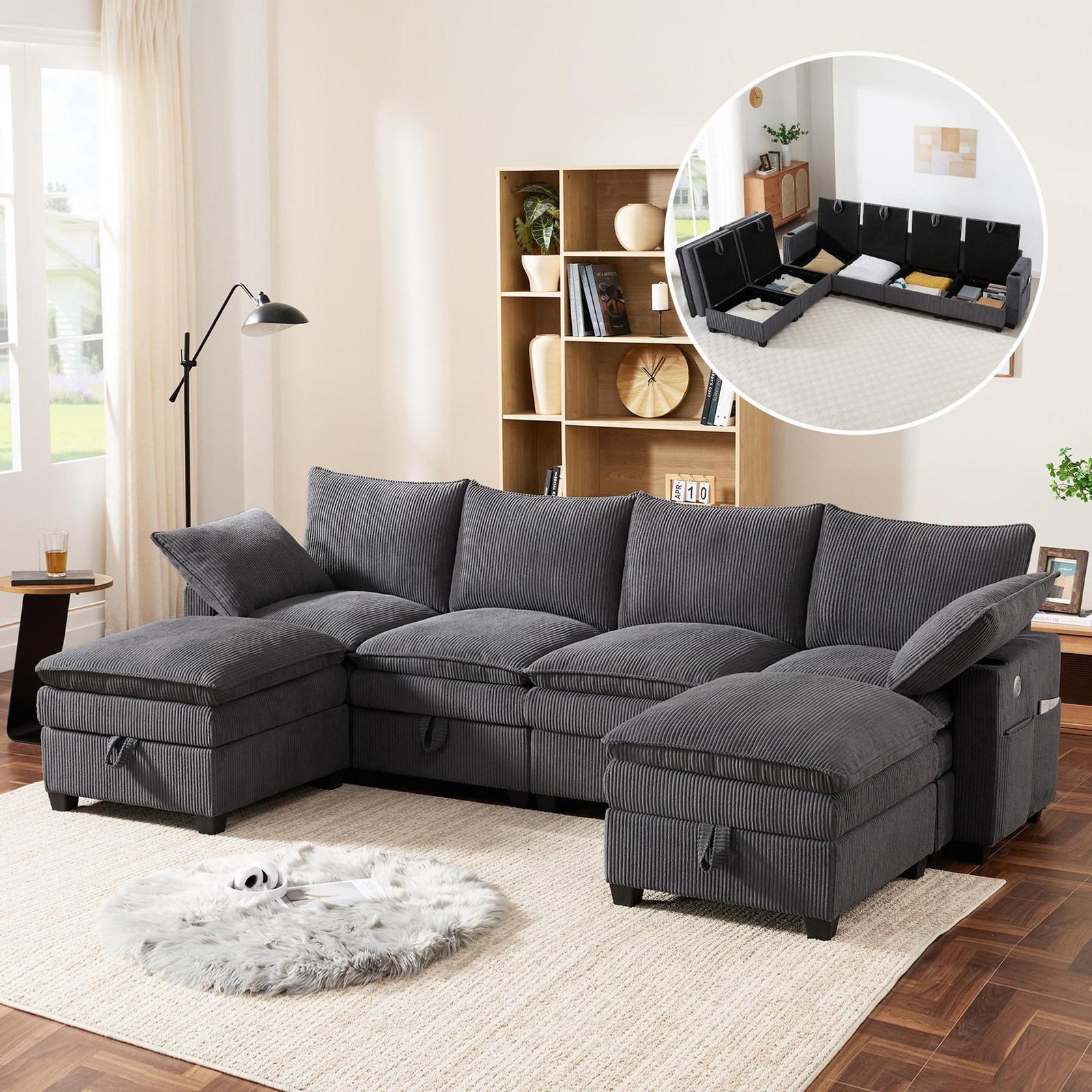Fortuna Lai Moderne L-vormige bank met corduroy bekleding, afneembare voetenbank, USB-aansluitingen, bekerhouders en opbergvakken, grijs