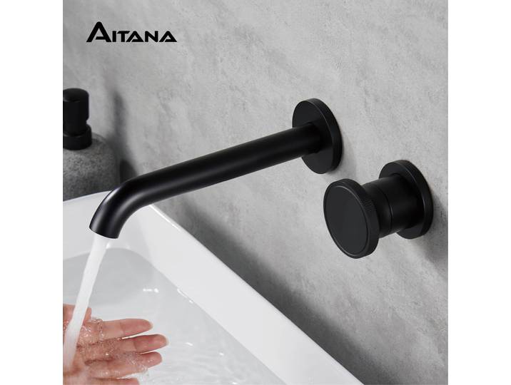 Robinet de salle de bain AITANA de luxe en laiton noir, design mural, mitigeur simple avec commande double chaud/froid, pour lavabo simple