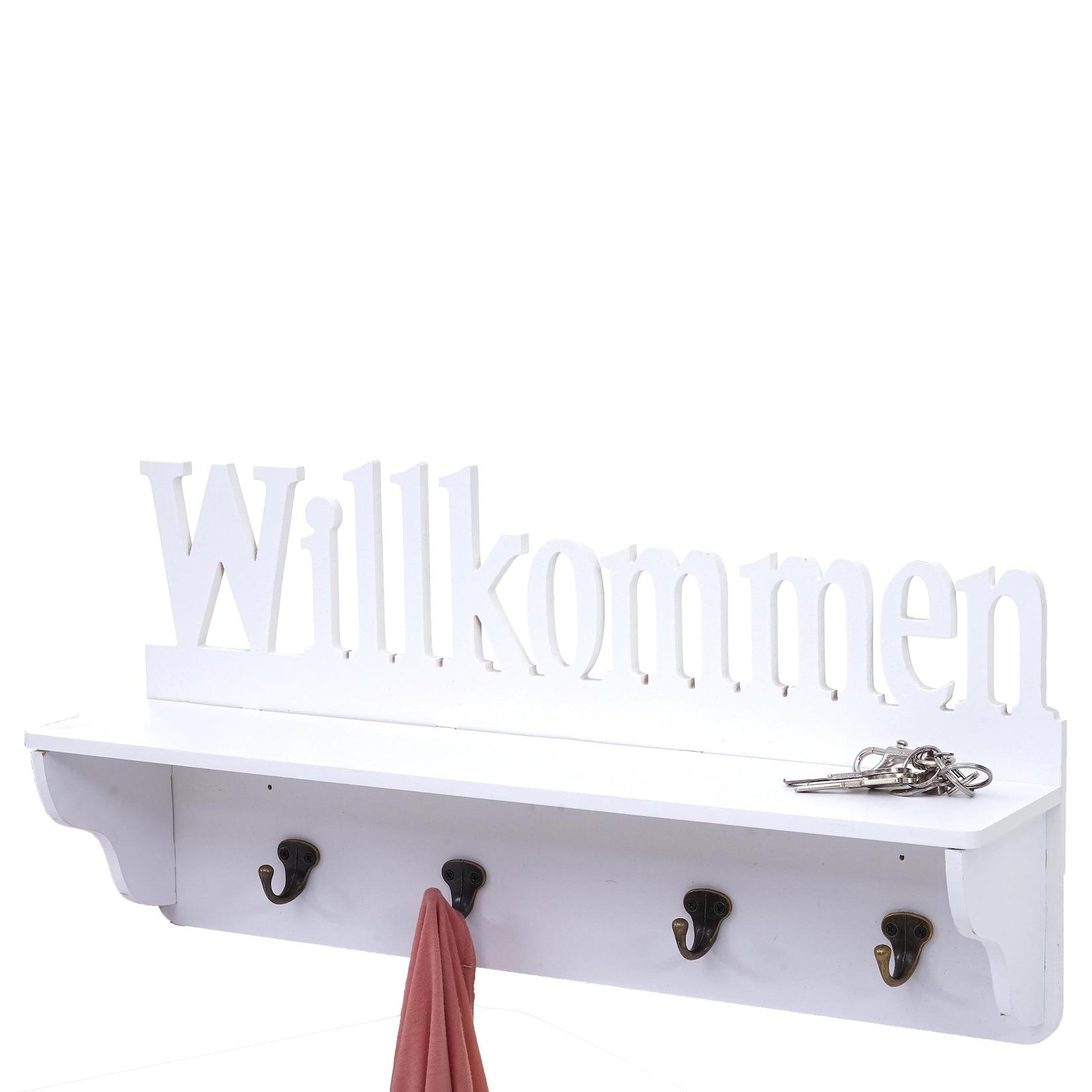 Wandgarderobe MCW-D41 Willkommen, Garderobe Regal, 4 Haken massiv 30x60x13cm ~ weiß