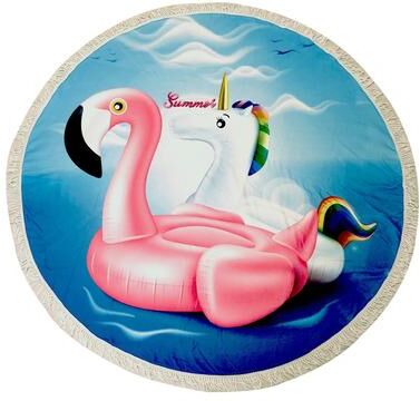 LCM Home Fashions "61"" Swan & Unicorn Round Beach Towel With Cotton Fringes - 61 Inches"