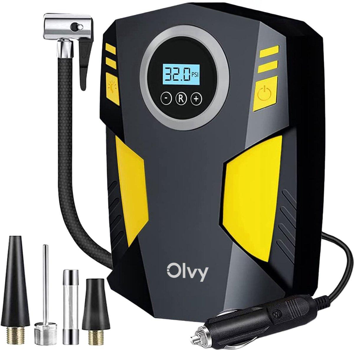 Olvy Compressor Bandenpomp - 12V Elektrische Luchtcompressor voor Auto, Motor, Fiets en Luchtbed - Inclusief 4 Opzetstukken