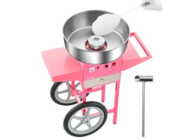 VEVOR elektrische Zuckerwattemaschine kommerzielle Zuckerwattegeräte mit Wagen (1000 W) mit 52 cm Edelstahlschüssel & Zuckerschaufel & Schublade, perfekt für Kindergeburtstage Familienfeiern Rosa