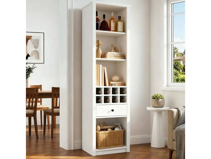 ULEVR Vitrine haute ouverte blanche en MDF avec LED USB 1 tiroir 12 compartiments 55 x 40 x 200 cm
