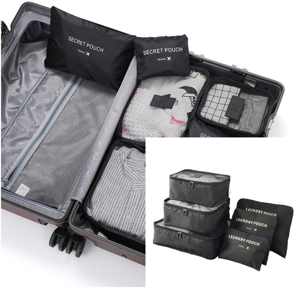 INF Reise-Packwürfel 6-teilig — Leichte, wasserfeste Polyester-Packwürfel für Kleidung, Toilettenartikel und Schuhe Schwarz