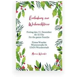 Einladungskarte Weihnachten: Rahmen Ilex in Weiß