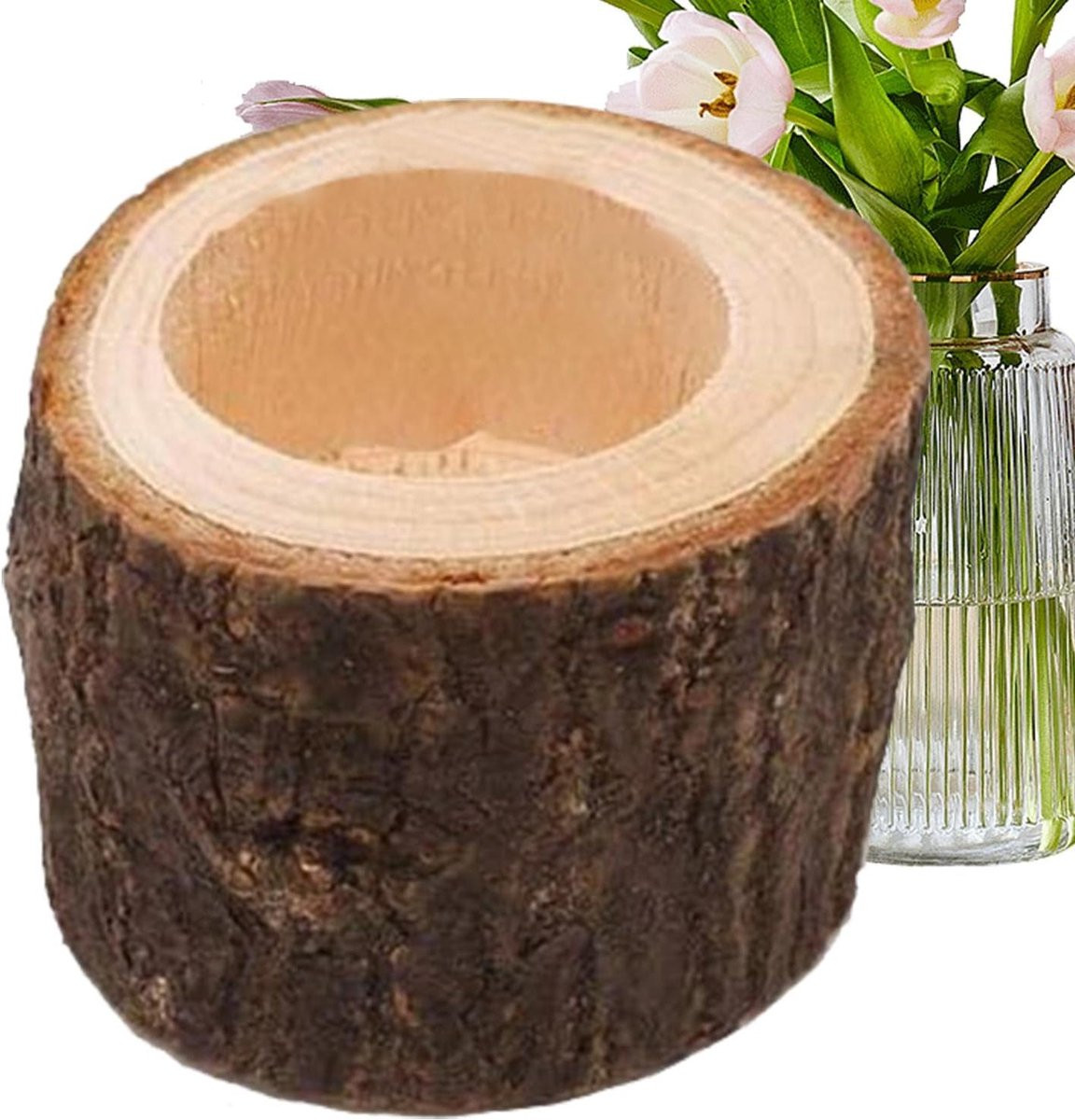 Rustieke houten theelichthouder van massief natuurlijk hout