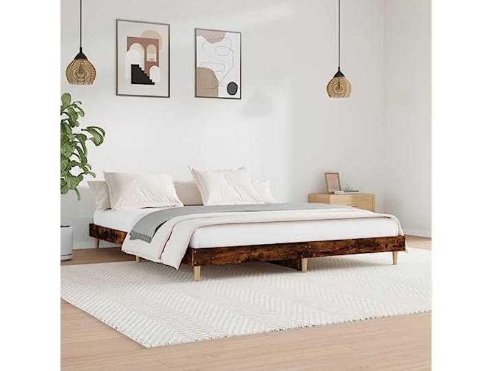 RJPLMFV Bettgestell, 200 x 200 cm, Raucheiche, Holz Ohne Matratze, Füße aus robustem Holz, inkl. Latten, Design Lattenrost