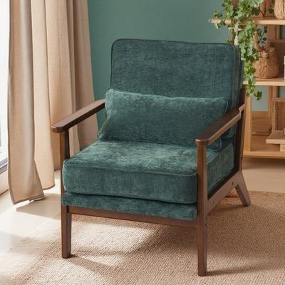 Mid Century Fabric Accent Armchair with Lumbar Cushion and Wooden Armrests, Comfortable Upholstered Lounge Chair