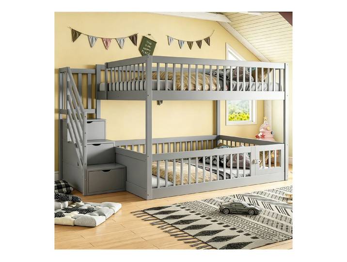 STILVORA Etagenbett mit Stauraumtreppe,140x200 Kinderbett Holzbett mit Sicherheitszaun (Kinderbett mit Stauraumtreppe, Unterbett, Holz, Holzrahmen, Tür unten, sicher, platzsparend), Gitter rundum, Spielbereich unten, stabil, multifunktional