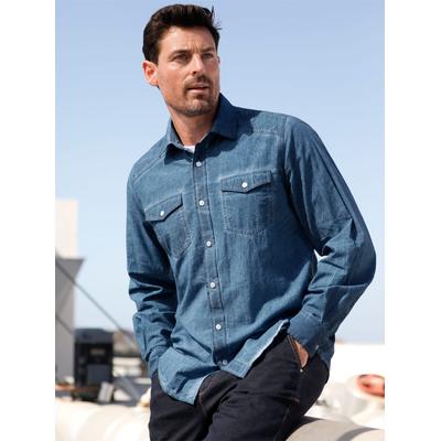 Langarmhemd MARCO DONATI, Herren, Gr. 43/44, Normalgrößen, blau (jeansblau), 100% Baumwolle, unifarben, körpernah, Hemden