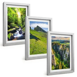 BILDER SET 3er Set - 20x30 cm Silberner Rahmen - Grüne Berge Wasserfallwald