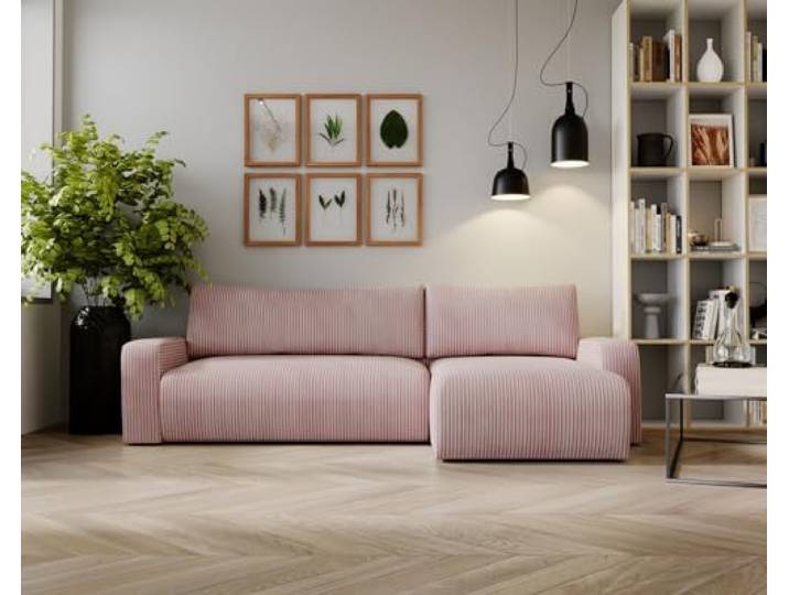 Kaiser Möbel, Ecksofa mit schlaffunktion, mit Bettkasten, Schlafsofa Argon, Designer Sofa, Modern Design Couch, Polsterecke, Freistehend, Zoom Stoff- Dicker Cord Rosa Ottomane Rechts