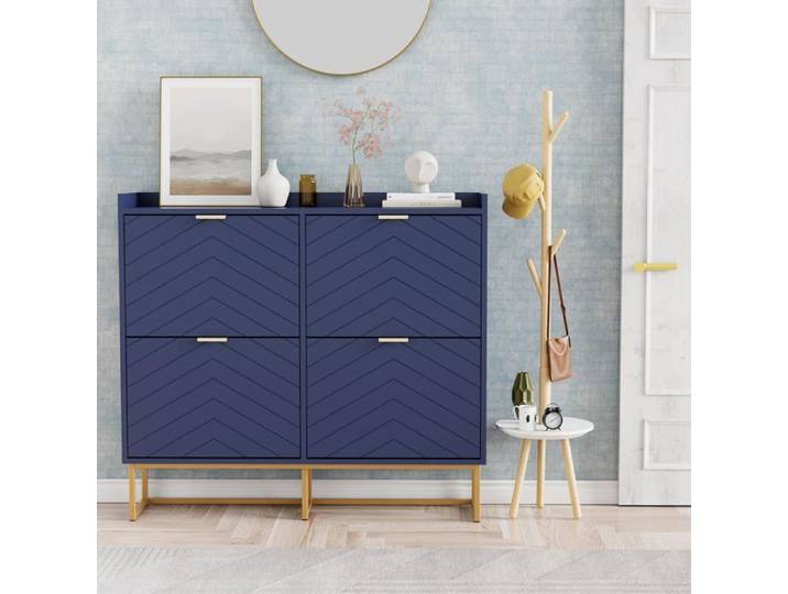 GOOBUY Armoire à Chaussure Inclinable 4 Compartiments Étagère Réglable à 2 Positions Motif en Ligne 100x24x91cm Bleu Marine