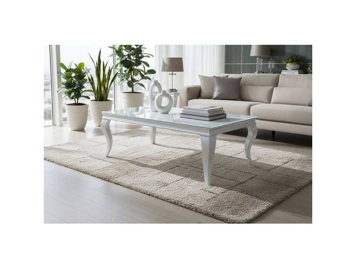Table Basse BAROQUE Rectangle Plateau Verre Trempé Blanc Pieds Chrome 120x60x45cm