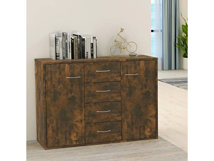 RJPLMFV Anrichte, rauchfarbene Eiche, 88 x 30 x 65 cm, Holz 4 Schubladen, 2 Türen, Aufbewahrungsmöbel, Wandbefestigung inklusive, einfache Montage