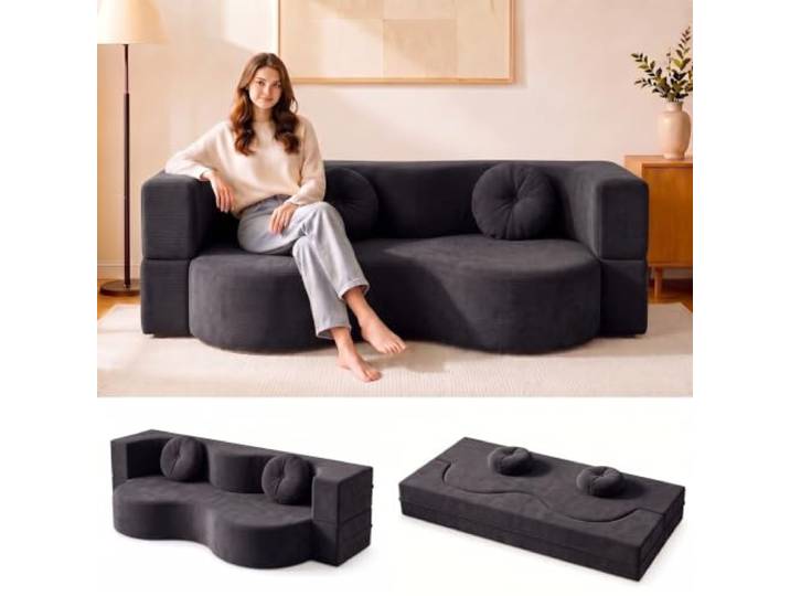 Ribanedy Wandelbares Boneless Schlafsofa，Schwarz：150 x 100 cm Vakuumverpacktes, komprimiertes Sofa mit 2 runden Kissen, hochdichtem Schaumstoff und ohne Montage