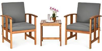 Costway 3PC Solid Wood Outdoor Patio Sofa Furniture Set-Gray