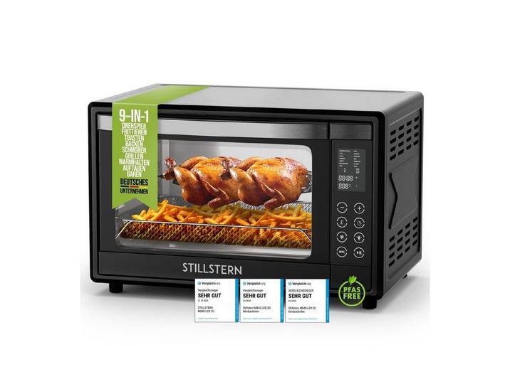 Stillstern Minibackofen MB45-LED 2G (45L) Deutsche Version, Ofenhandschuhe, Rezeptheft, Drehspieß, Timer, Innenbeleuchtung