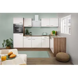 Respekta Küchenprogramm Eiche York Winkelküche 280 cm inkl. E-Geräte & Mineralite Einbauspüle, weiß