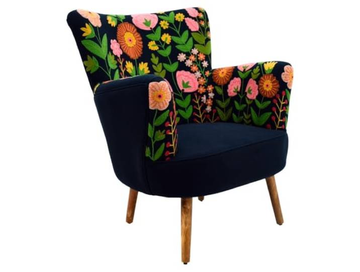 Sessel Marineblau aus Baumwolle mit handbestickten Blumen, Signes Grimalt Dunkler Bezug mit Blumengarten als Reliefstickerei in Rosa, Orange und Grün, gedrechselte Holzbeine, Wohnzimmer