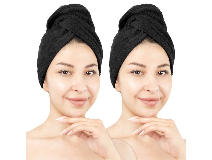 Turban-Handtuch HAMMETEX 2er Set Haarturban Damen, 100% Baumwolle, Flauschig & Schnelltrocknend , schwarz, B:25cm L:64cm, Frottier, Baumwolle, Handtücher, Turban-Handtuch, Uni-Farben, weich