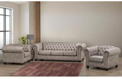 Heston Tufted Light Grey Faux Leather Chesterfield Sofa and Two Chairs Set