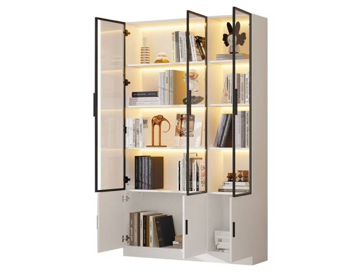 Vitrine-argentier 120x32x200cm Blanc 6 Portes Meuble Haut Avec Éclairage LED Vitrine En Verre Multifonctionnelle Pour Salon