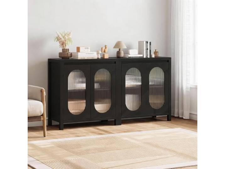 Garvee Sideboard Schwarz, Kommode Mit 2 Glastüren Wohnzimmer, 78x40x84cm Geriffelte Glastüren mit halbtransparenter Optik, mattschwarzes MDF, verstellbare Einlegeböden, einfache Montage.
