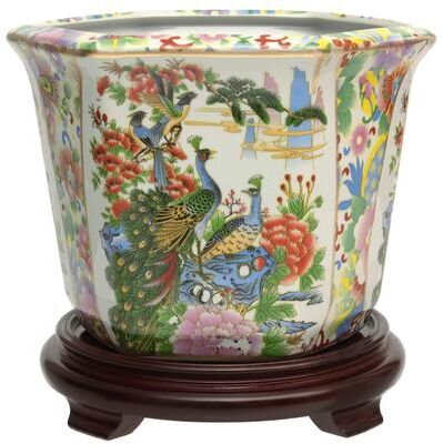 "10"" Satsuma Birds & Flowers Porcelain Flower Pot"